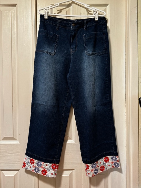 Energie Denim - Upcycled Wide Leg Dark Blue Jeans with Embroidered Floral Cuff
